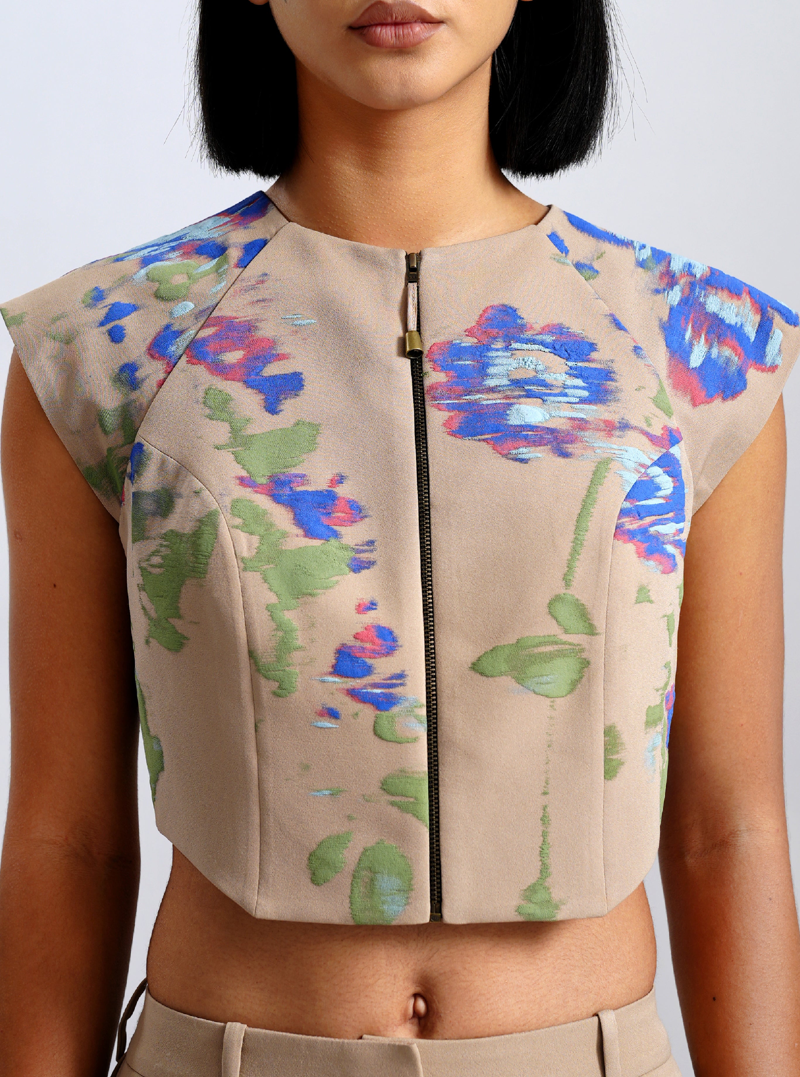 Beige Floral Printed Crop Top