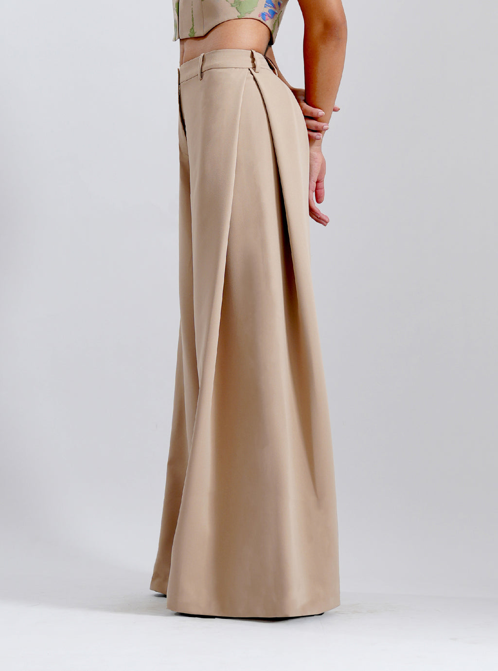 Beige Tailored Wide-Leg Trousers