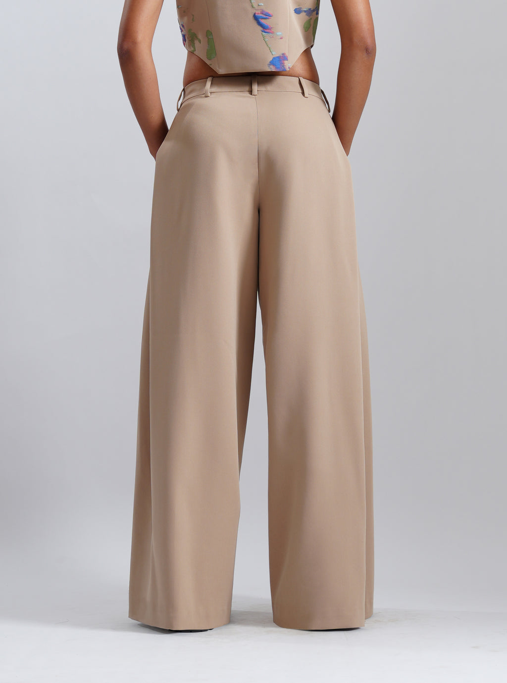 Beige Tailored Wide-Leg Trousers