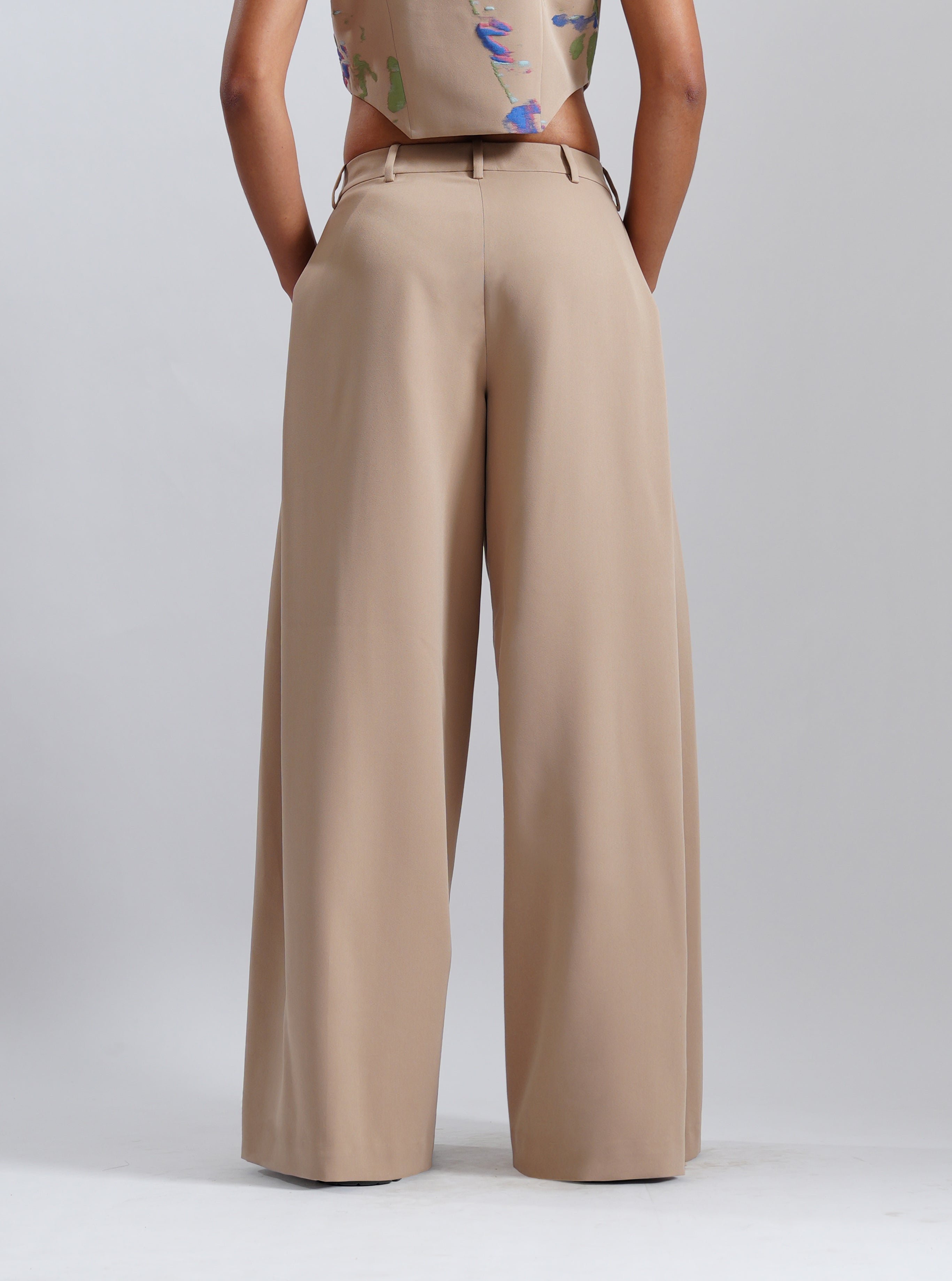 Beige Tailored Wide-Leg Trousers