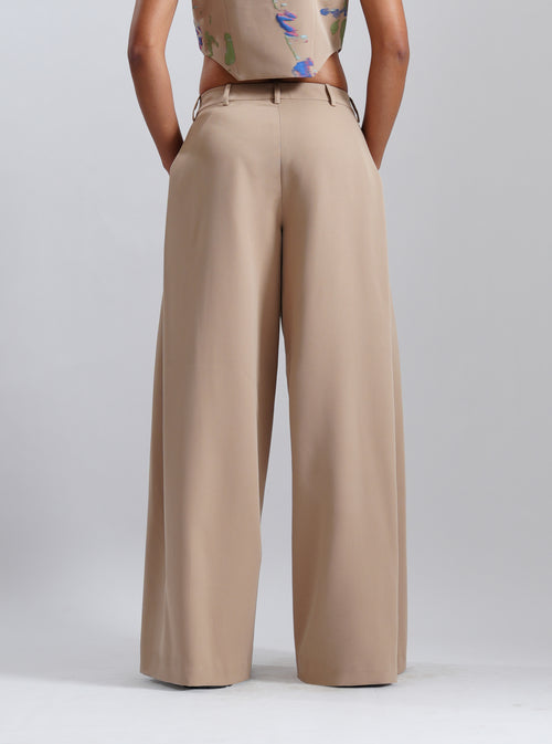 Beige Tailored Wide-Leg Trousers