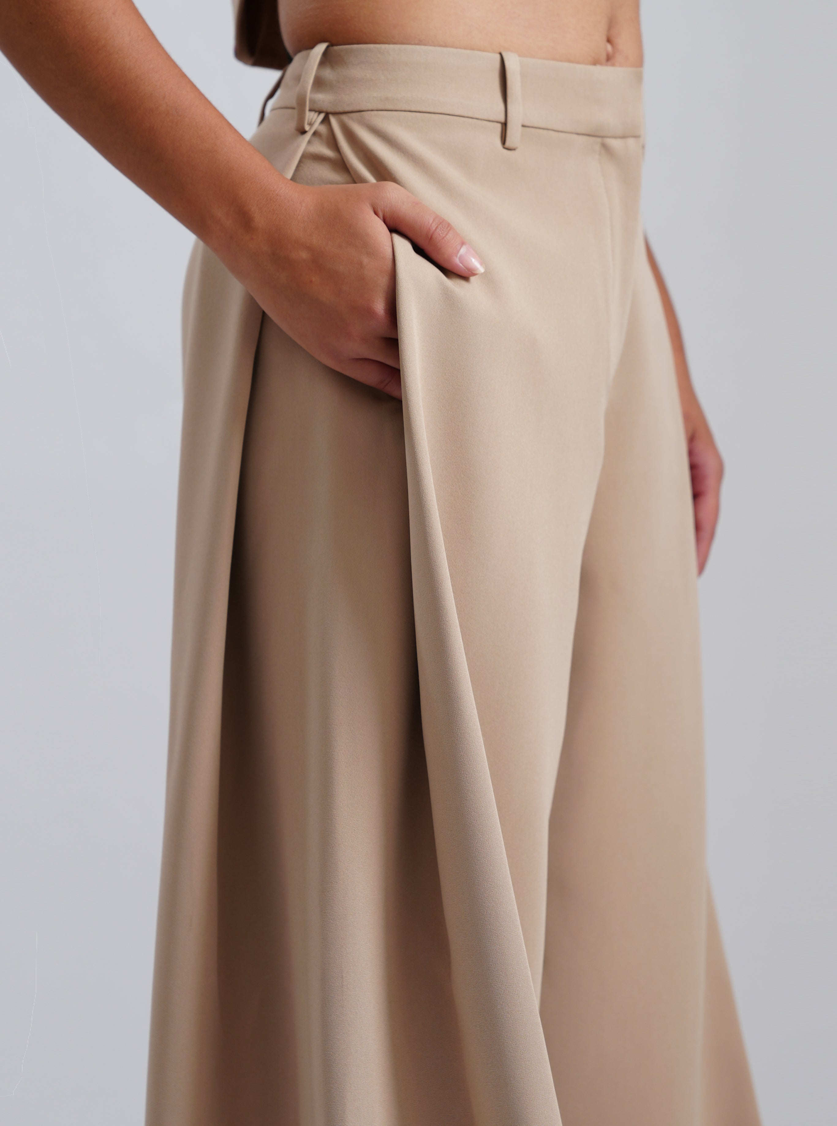 Beige Tailored Wide-Leg Trousers